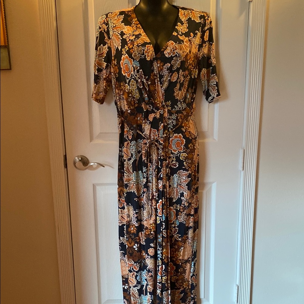 Classic Brown and Tan Maxi Sundress V-Neck Tie Front